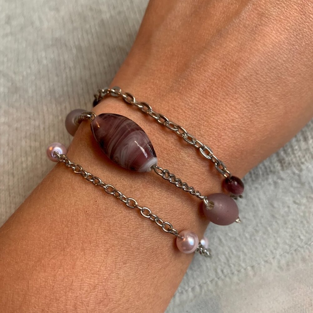 CREATION - Bracelet beads chains Violet & pink pearls